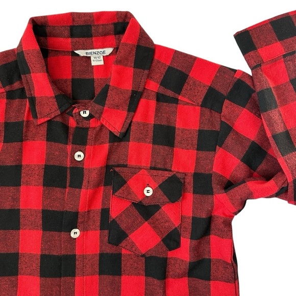 Bienzoe Boy's Buffalo Red and Black Plaid Flannel Button Down Shirt Size 11-12yr - Picture 3 of 7